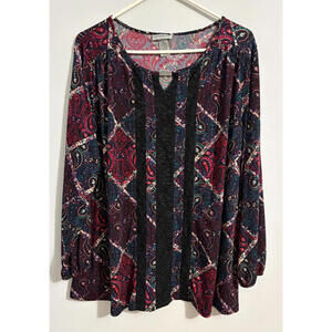 Catherines Top Women 0X 14/16W Paisley Boho Lace Panel Liquid Knit Stretch Tunic